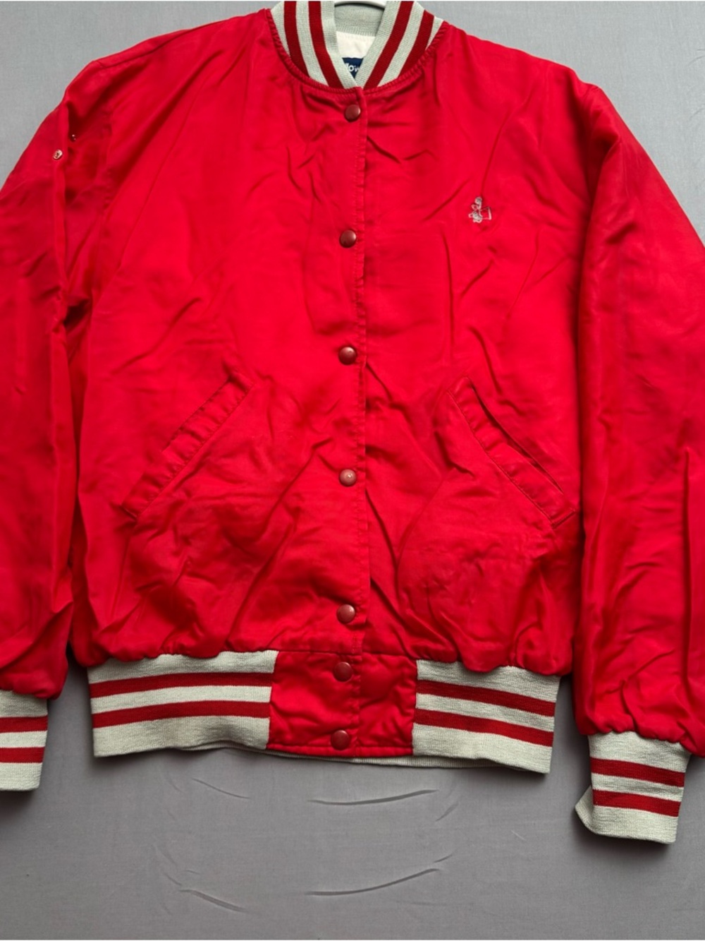 VTG Holloway Red‎ White Varsity Jacket Woman's M Stand-Up Collar Striped